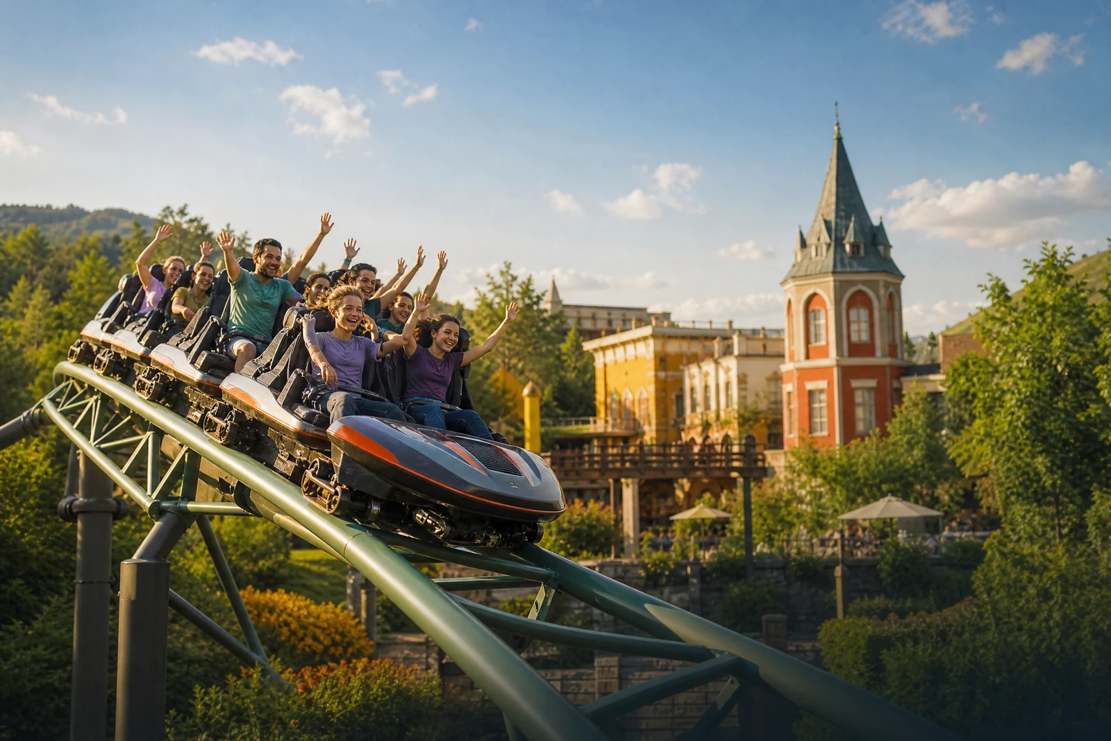 Begeisterte Gäste in einem Fahrgeschäft im Freizeitpark