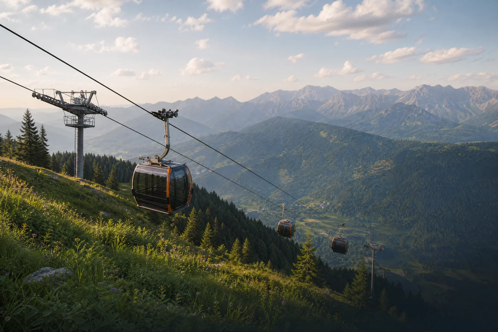 Seilbahngondeln vor einem sommerlichen Alpenpanorama