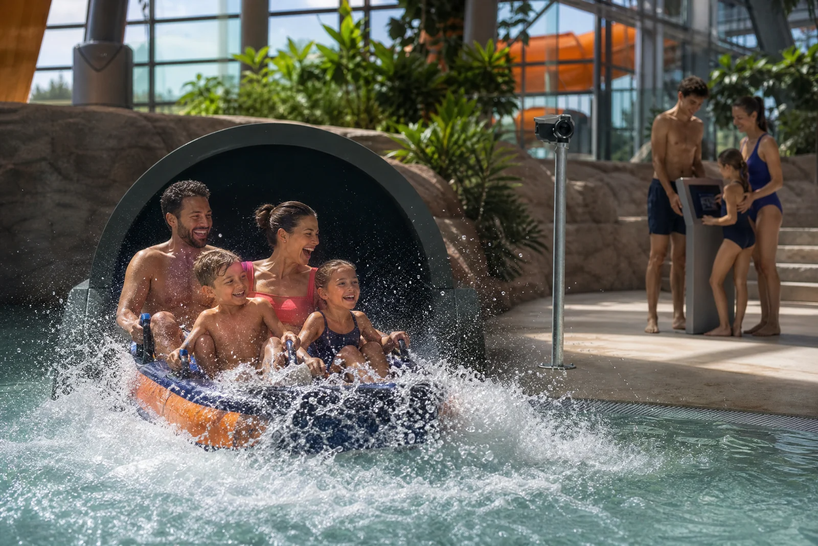 Familie in Wasserrutsche mit ActionPic Splashcam-System